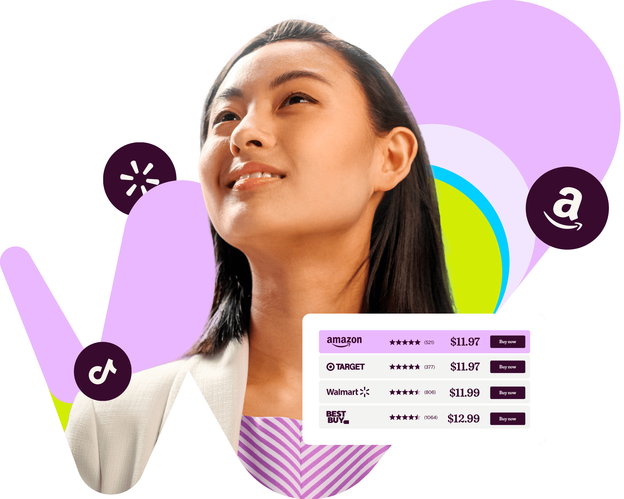 Shopper smiling beside a Wayvia where-to-buy widget comparing prices and reviews at Amazon, Target, Walmart and Best Buy
